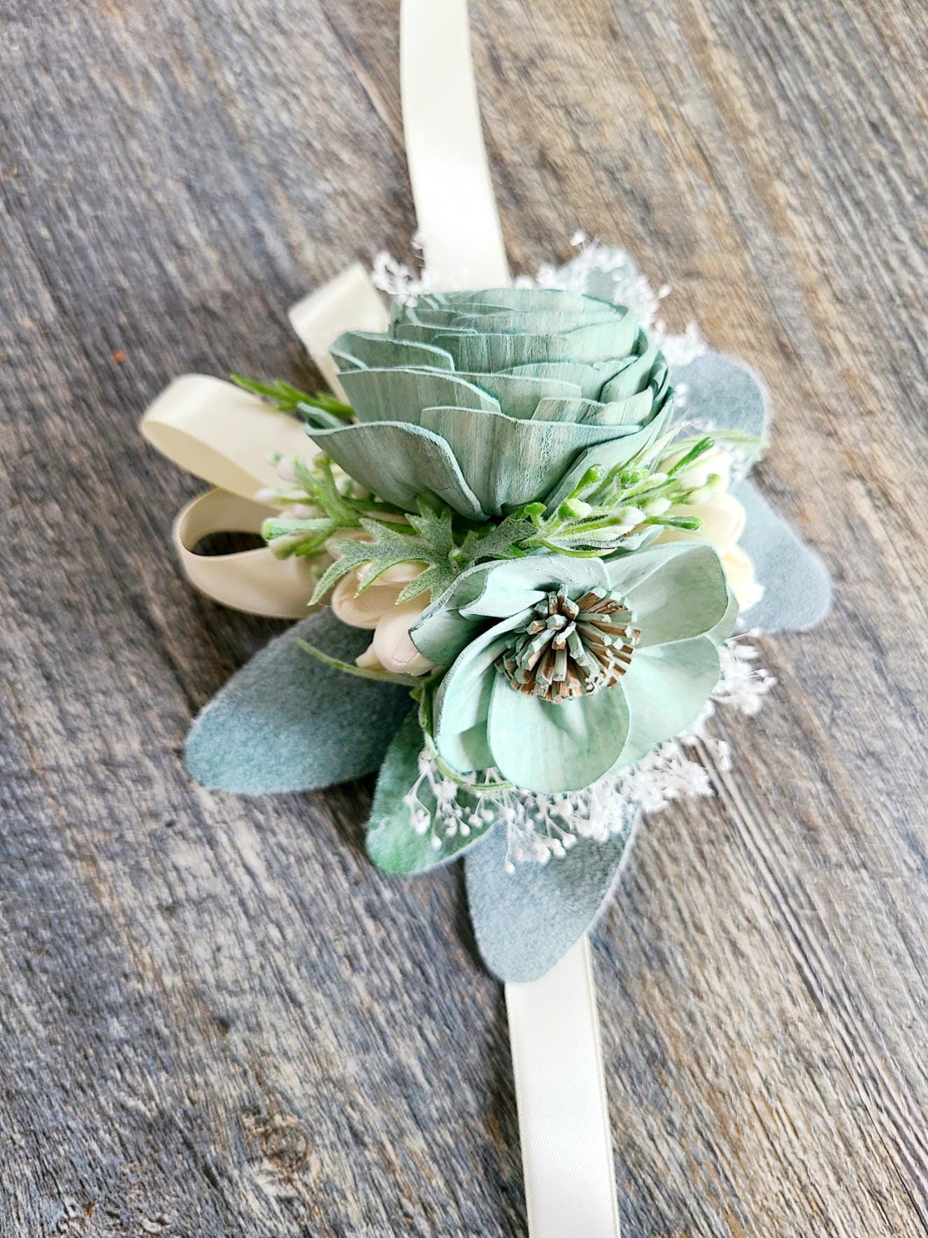 green emerald velvet dress Corsage and Boutonniere Set White & Sage Green main image 1