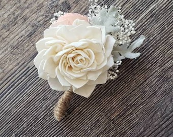 Dahlia boutonniere with blush accent,  sola flower boutonniere,  wooden flower