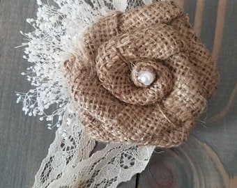 Burlap corsage,  burlap rose,  fabric flower corsage,  rustic wedding, burlap wristlet,  wrist corsage,  rustic corsage,  burlap and lace