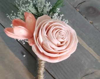 Blush boutonniere,  sola wood flower,  wooden boutonniere,  pin on corsage,  groom boutonniere