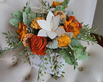 Lily Wood Flower Arrangement, Orange Flower Centerpiece Box, Sympathy Flowers, Anniversary Flowers, Wedding Flowers, Tangerine Flowers