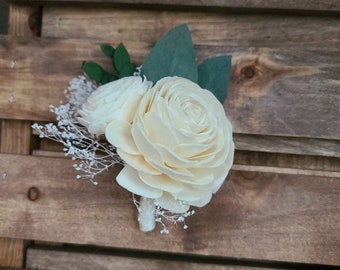 Sola wood flower boutonniere,  ivory flower with eucalyptus  groom boutonniere