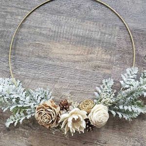 Gold hoop wreath,  minimalist Christmas wreath,  winter wreath,  wreath with pine cones, sola flower wreath