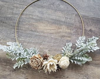 Gold hoop wreath,  minimalist Christmas wreath,  winter wreath,  wreath with pine cones, sola flower wreath