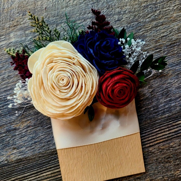 Wood Flower Pocket Boutonniere, Groom and Groomsmen Flowers, Burgundy and Navy Blue Boutonniere, Pocket Squarea