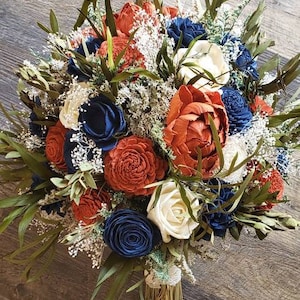 Rust Orange and Navy Blue Wood Flower Wedding Bouquet