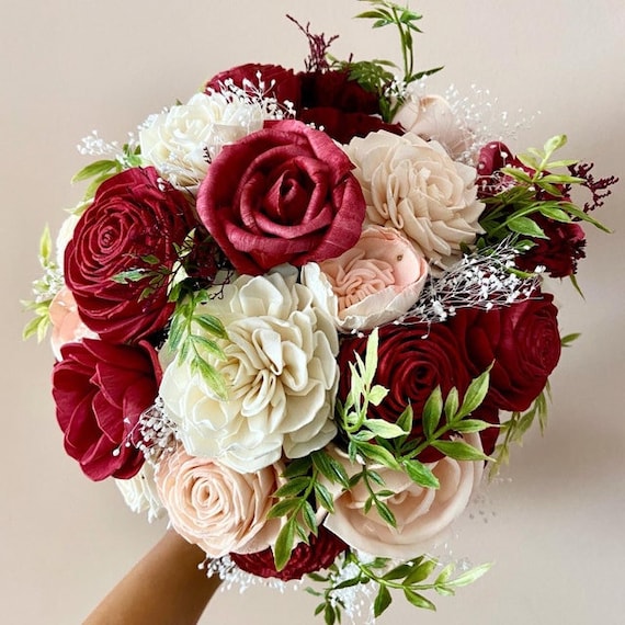Wine Red and Blush Wood Flower Wedding Bouquet - Etsy