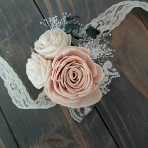 Rose corsage,  wrist corsage,  sola flower,  wedding flower,  prom corsage,  mother of the bride,  wooden flower corsage, blush corsage