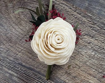 Ivory and burgundy sola flower rose boutonniere, wooden flower boutonniere