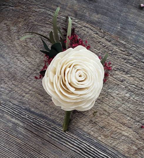 Ivory and burgundy sola flower rose boutonniere, wooden flower boutonniere