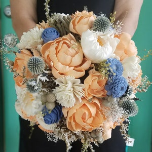 Dusty Blue and Peach Wildflower Bouquet, Sola Wood Flowers, Slate Blue and Orange