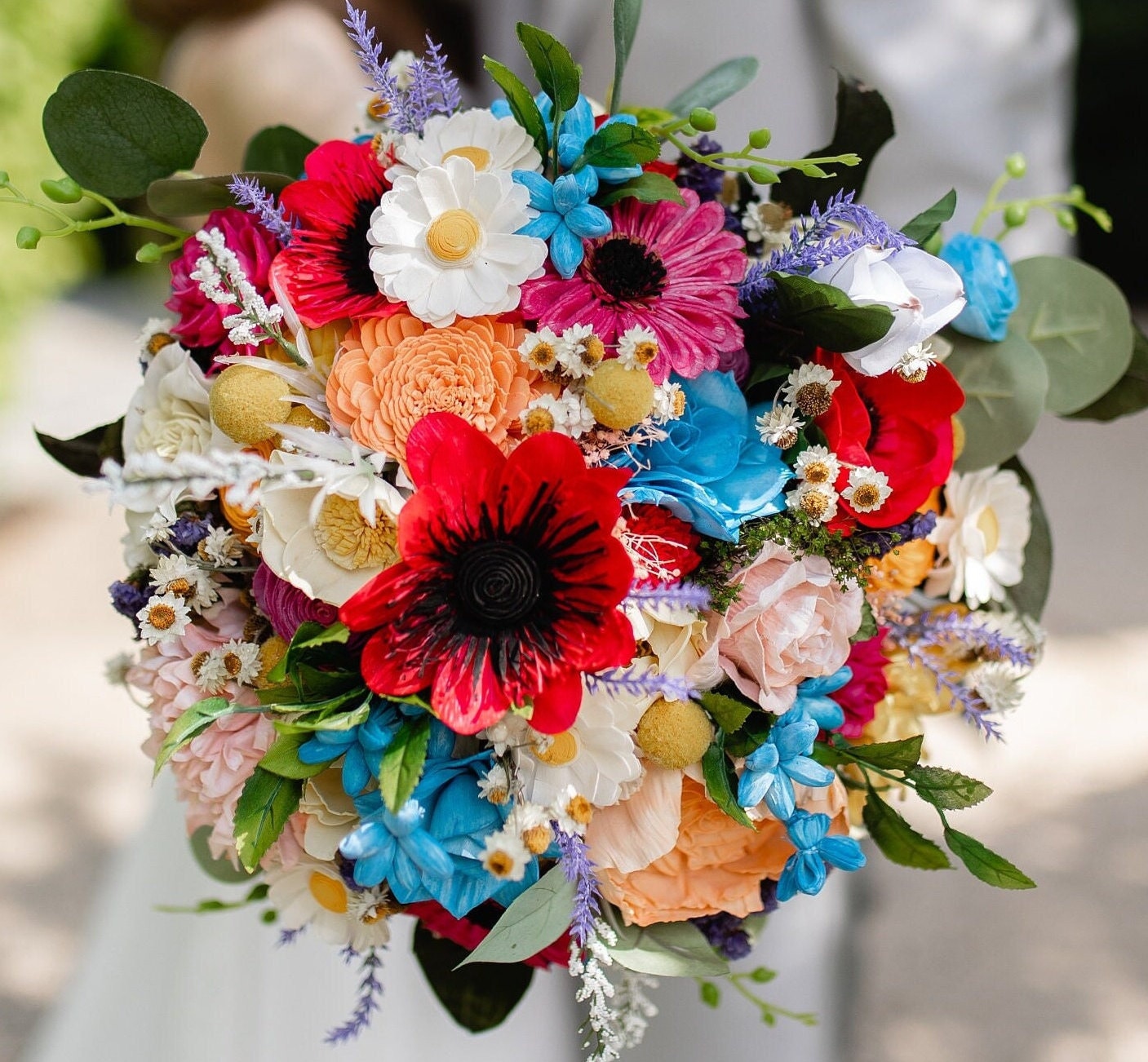 Wildflower Wooden Wedding Bouquet, Bright and Colorful