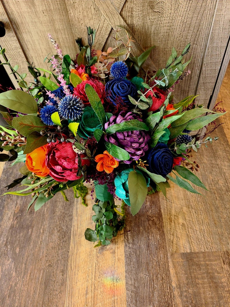 Teal & Purple Sola Wood Flower Bouquet: Jewel Tone Bride Bouquet - Etsy