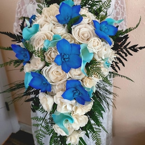 Orchid Bridal Bouquet with Wood Flowers and Green Ferns