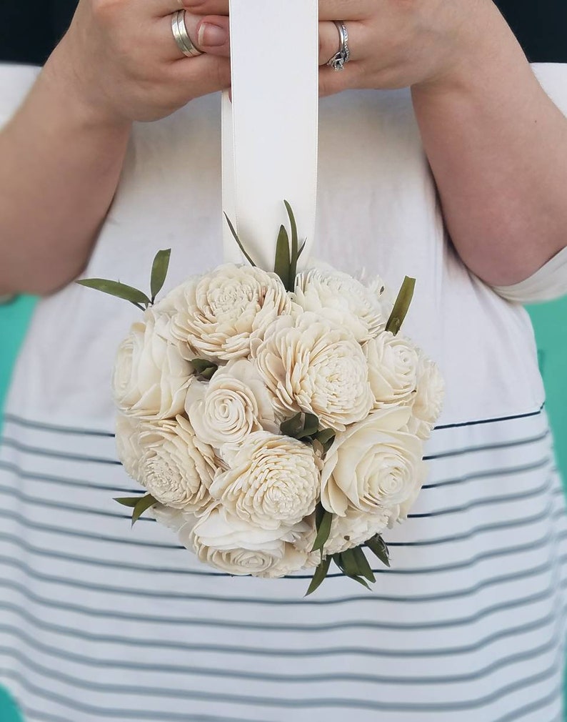 Ivory flower ball, kissing ball, sola flower, sola wood, sola hanging ball, flower girl, wedding flowers, classic wedding image 1