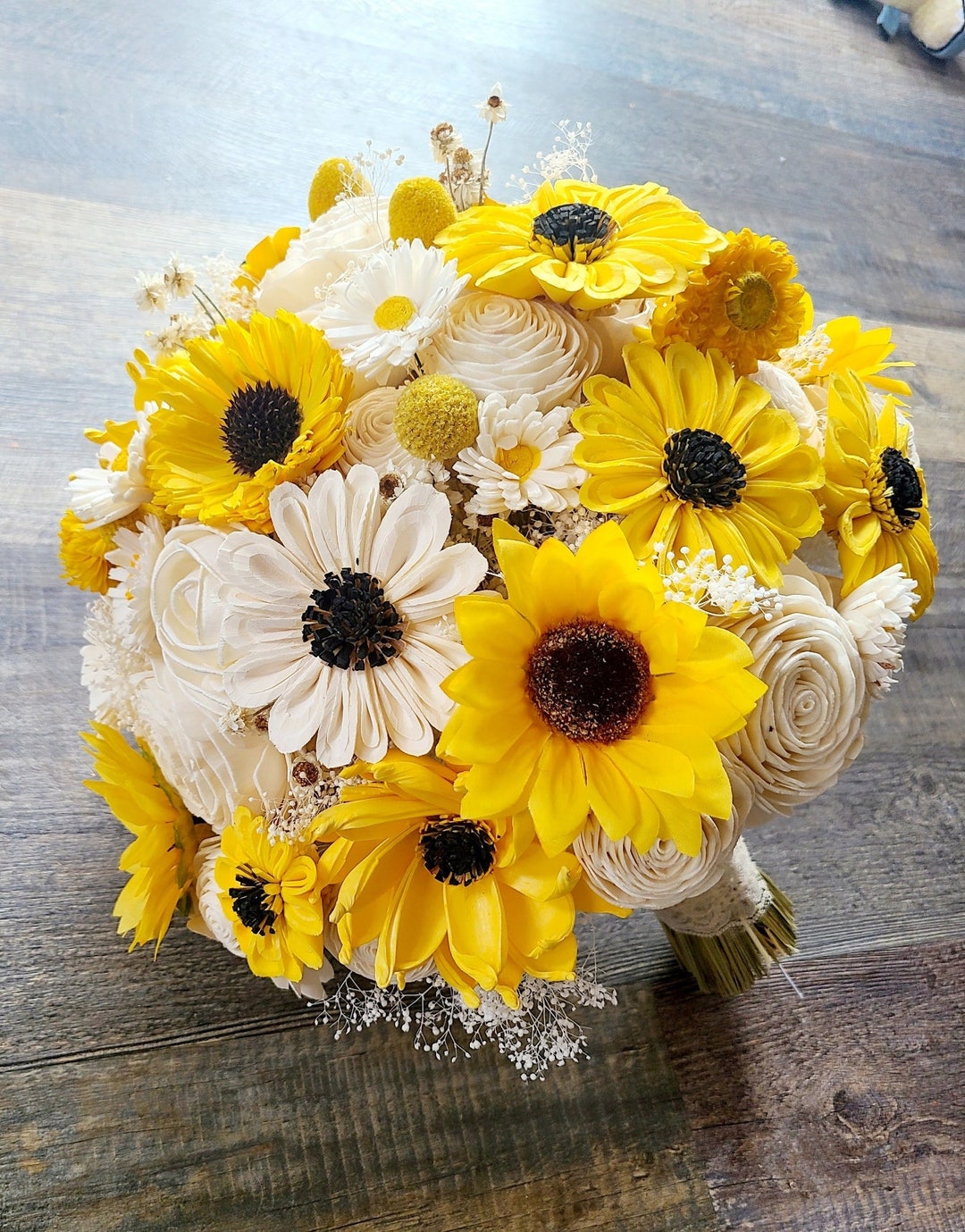 White and Yellow Sunflower Bouquet, Wood Daisy Bridal, White Roses and