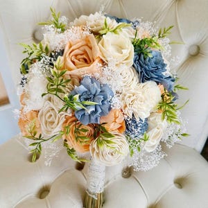 Dusty blue and peach bouquet,  slate blue flowers,  sola wood flowers