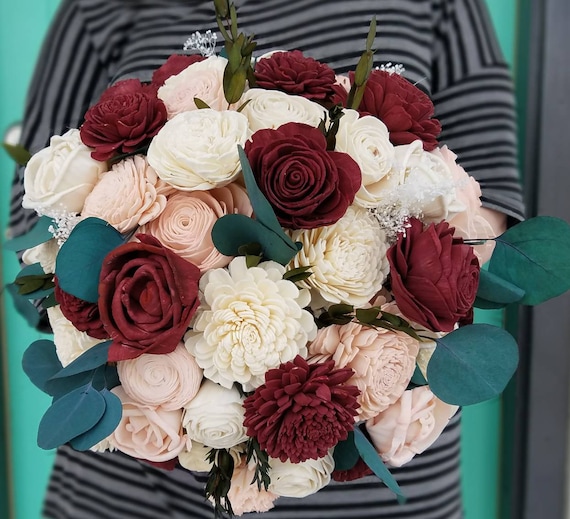 Burgundy Sola Flower Bouquet: Blush Roses & Eucalyptus - Etsy