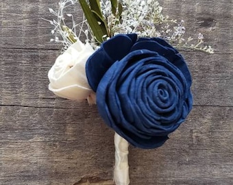 Dark blue boutonniere,  groom boutonniere,  sola wood flowers,  wooden boutonniere