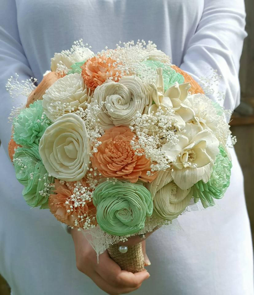 Sola Flower Bouquet, Wood Flower Bouquet, Romantic Wedding Bouquet, Eco friendly Flowers, Rustic Bouquet, Burlap Bouquet, Peach and Mint