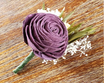 Plum Boutonniere with greenery, Dark Purple Sola Flower Boutonniere