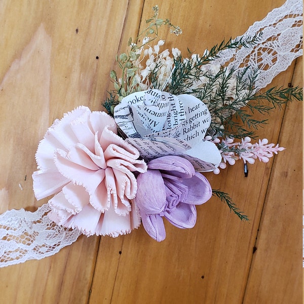 Book Flower, Wrist Corsage, Mother of the bride, Sola Flower, Wooden Flower, Wedding Accessory, Wildflower Corsage, Sola Wood Flower