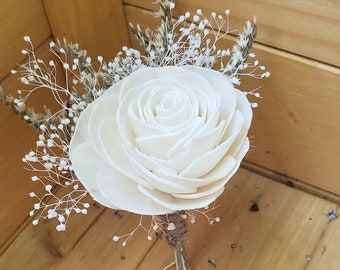 Ivory Sola Flower Rose Boutonniere, Rustic Boutonniere