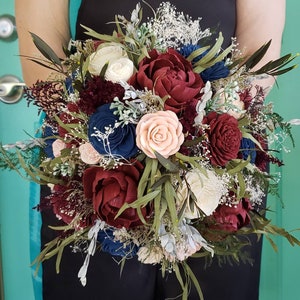 Burgundy, Blush, Navy Sola Wood Flower Fall Bouquet, Wildflower Bouquet, Wooden Flower Bouquet, Winter Wedding Bouquet