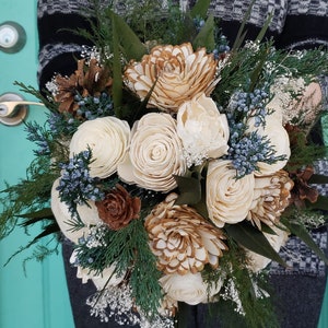 Evergreen bouquet, sola flower bouquet, winter wedding bouquet, ivory flowers, pine bouquet image 2