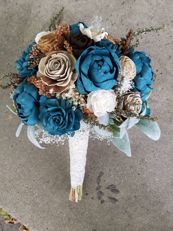 Teal Sola Flower Bouquet: Brown & Natural Dried Flowers, Bridal