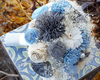Blue Sola Flower Bouquet, Dusty Blue bouquet, Blue and Grey Wedding Flowers