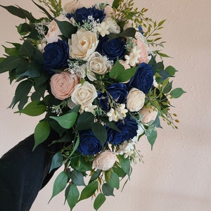Navy Blue and Blush Pink Wood Flower Bouquet, Bridal Cascade Wedding Flowers, Blue and Pink Flowers, Flowing Bouquet with Greenery