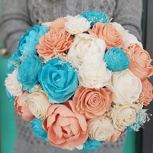 Blue and Coral, Turquoise and Coral Bouquet, Sola Flower Bouquet, Beach Bouquet