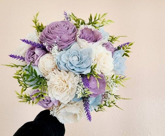 Purple and blue wood flower bouquet, light blue and lilac wooden bride  bouquet, lavender and baby blue wedding