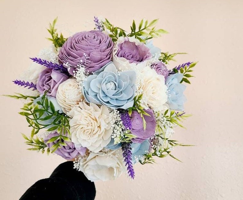 Purple and blue wood flower bouquet, light blue and lilac wooden bride bouquet, lavender and baby blue wedding image 1