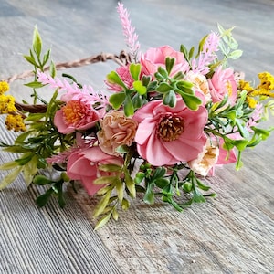 Corona de flores de madera rosa y dorada: Tocado para sesión de fotos de hadas de boda
