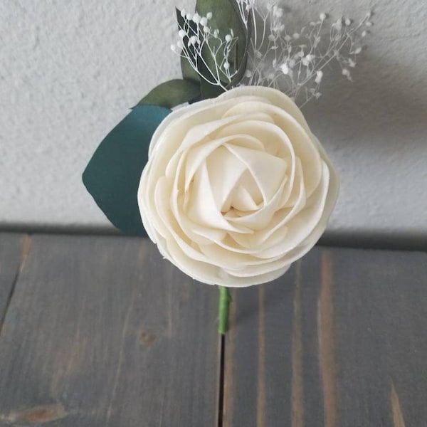 Ranunculus boutonniere,  rose boutonniere,  sola flower,  wedding flower,  white flower,  ivory boutonniere,  wooden flower,  pin on corsage