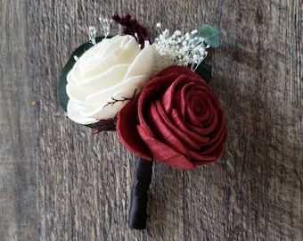 Burgundy sola boutonniere,  burgundy and ivory flower,  sola wood boutonniere,  rose boutonniere