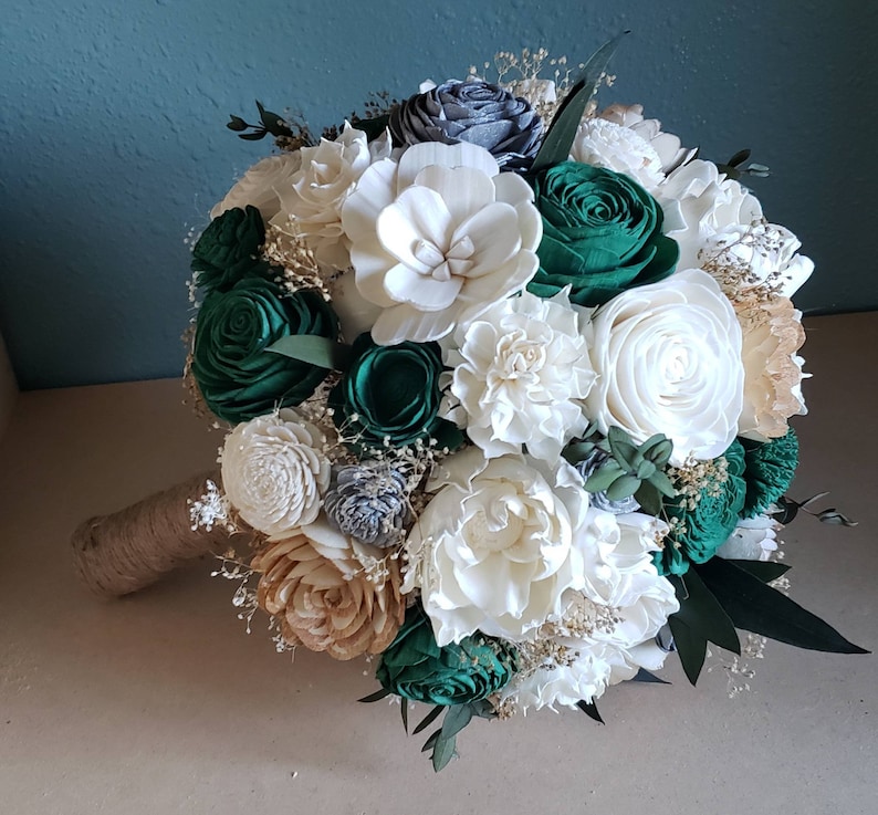 Hunter Green and Silver or Gold Bouquet, Bouquet with Dark Green and Gold, Emerald Green Flowers, Quinceneara Bouquet, Prom Bouquet image 1