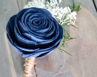 Dark blue boutonniere,  sola flower boutonniere, wooden flower,  rose boutonniere