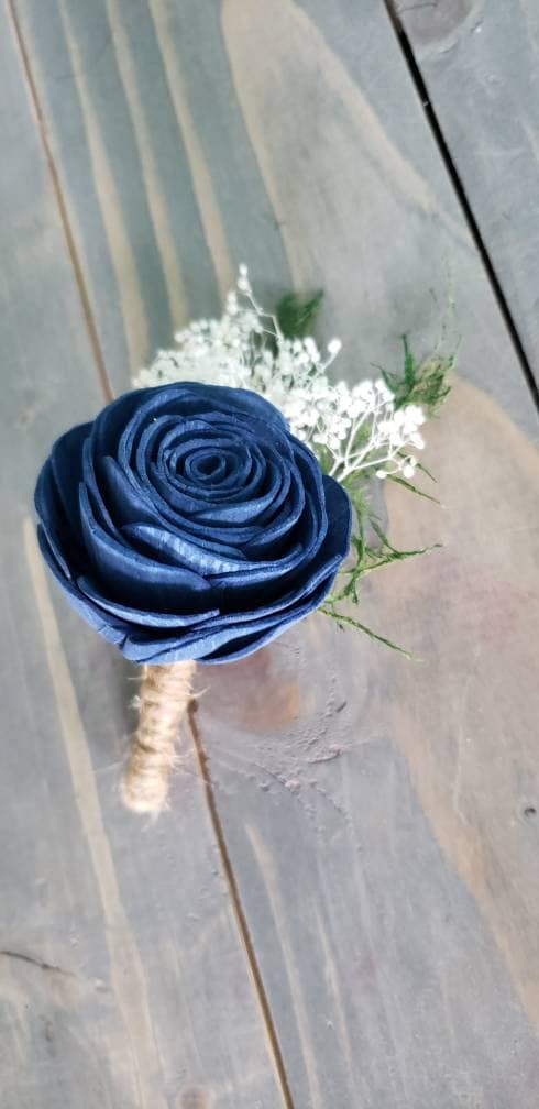 Dark Blue Boutonniere, Sola Flower Boutonniere, Wooden Flower