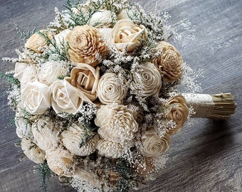 Winter Sola Flower Bouquet, Champagne Wedding Flowers for Bride, Neutral Bridal Bouquet, Wood Wedding Flowers, Soft Gold Wedding Bouquet