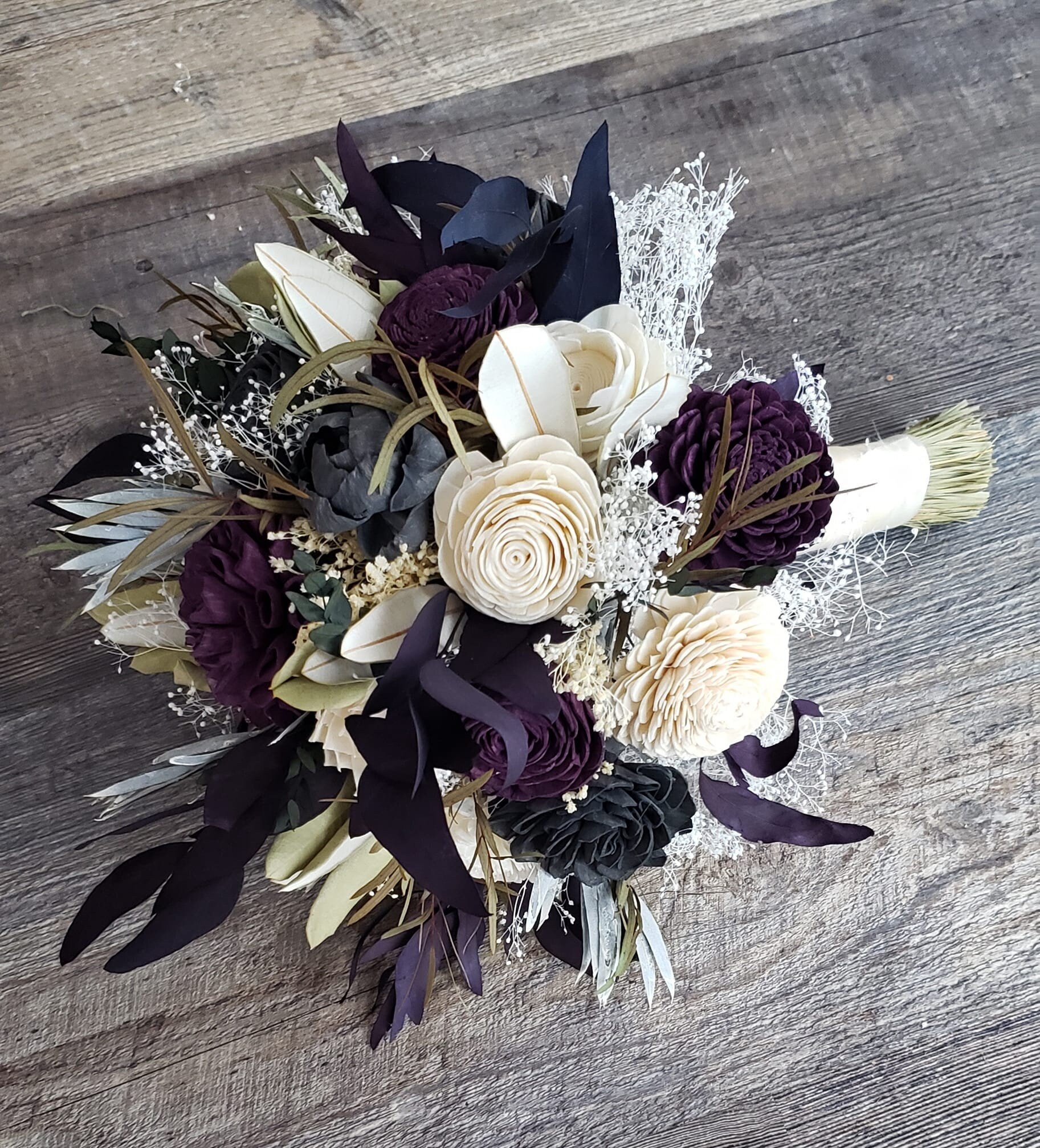 Black Silver Vintage Sola Wood Flower Bridal Wedding Bouquet