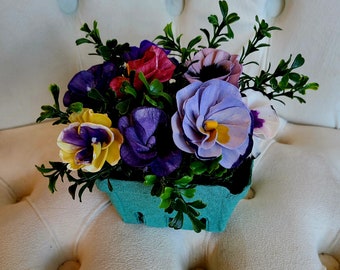Mother's day flowers,  wood flower pansies, pansy spring decor, berry basket flowers, purple and yellow flowers,  flower gift