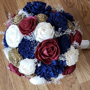 Burgundy and Gold Sola Flower Bouquet, Wooden Bouquet, Navy and Burgundy Flowers, Navy and Gold Flowers