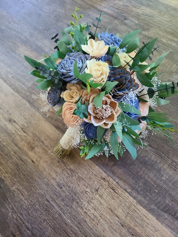 Blush and Slate Bouquet, Sola Wood Flowers, Light Pink and Blue