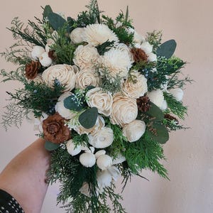 Winter Bouquet with Pine Cones and Evergreen, Sola Wood Flower Bouquet, Wooden Bouquet, Christmas Bouquet