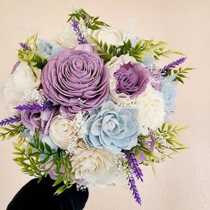 Purple and blue wood flower bouquet, light blue and lilac wooden bride bouquet, lavender and baby blue wedding image 2