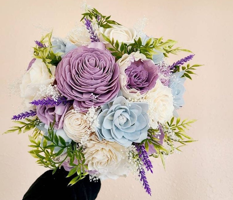 Purple and blue wood flower bouquet, light blue and lilac wooden bride bouquet, lavender and baby blue wedding image 2