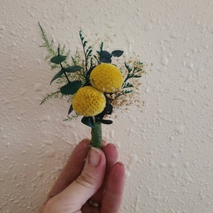 Wildflower Groom Boutonniere,  billy ball yellow groomsmen boutonnieres,  wedding party flowers,  yellow boutonniere